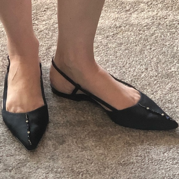 Giorgio Armani Shoes - Giorgio Armani Navy Satin Slingback Flats